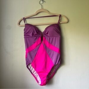 Purple and Pink Bright Retro Colorblock Swim One Piece Bathing Suit S